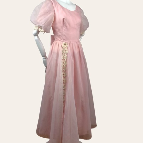 Vintage 1960s Sheer Pink Party Dress Prom Dress MOD MCM Puff Sleeves Lace Prince - Picture 5 of 14